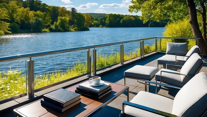 Fototapeta premium Lakeside Terrace with Modern Furniture, Warm Lanterns, and Majestic Lake in Lush Green Landscape!