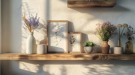 Minimalist shelf styling, ceramic vases, earthy tones, dried flowers, framed botanical prints, wooden floating shelves, neutral wall background, soft diffused lighting.