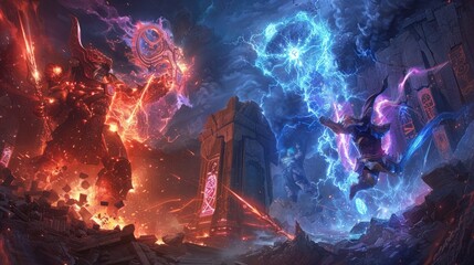Celestial guardians of light and darkness locked in an epic battle amidst the ruins of an ancient temple adorned with glowing runes.