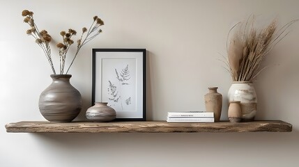 Minimalist shelf styling, ceramic vases, earthy tones, dried flowers, framed botanical prints, wooden floating shelves, neutral wall background, soft diffused lighting.