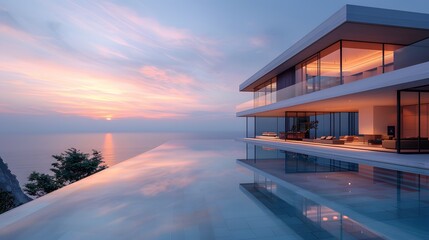 Modern luxury villa at dawn, infinity pool reflecting soft morning light, minimalist architecture with glass facades, clean lines and overhanging balconies, tranquil ocean view.