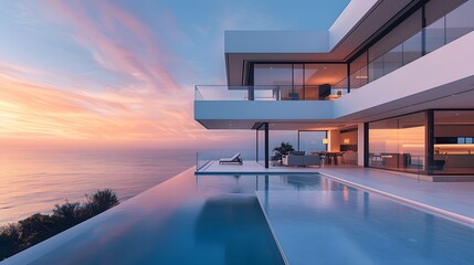 Fototapeta premium Modern luxury villa at dawn, infinity pool reflecting soft morning light, minimalist architecture with glass facades, clean lines and overhanging balconies, tranquil ocean view.