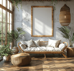 A4 Blank Frame in Minimalist Living Room with Wooden Floor and Rattan Basket, Natural Lighting, Scandinavian Decor, Hyper Realistic Side View