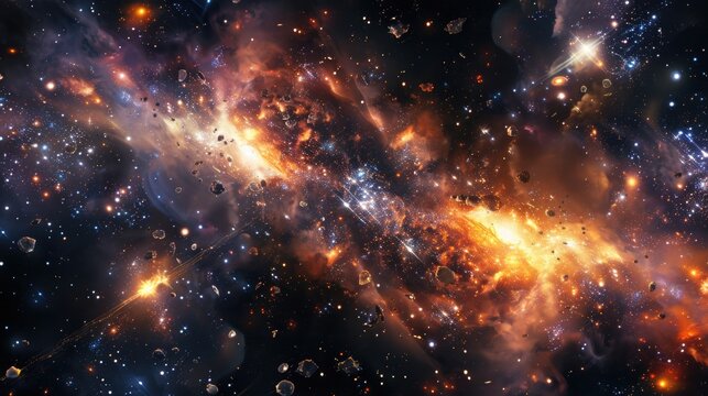 Celestial juggernauts, forged from constellations and stardust, collide in the cosmic void amidst streams of celestial nebulae and cosmic debris.