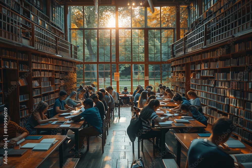 Poster students studying in a large library with sunlight streaming through windows