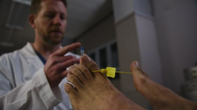 Medical examiner approaching corpse in the morgue with needle