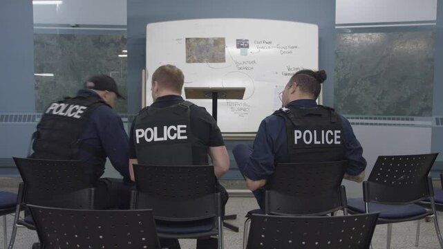 Police press briefing with chief in bullpen