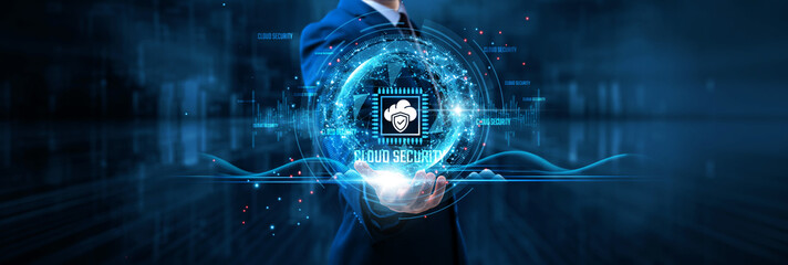 Cloud Security, businessman holds cloud security on global structure network and data protection,...