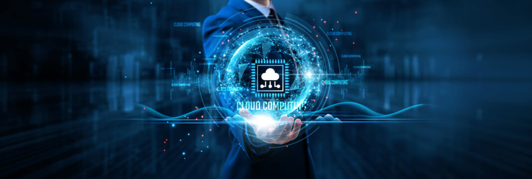 Businessman holds cloud computing on global structure network and data storage, scalability, virtualization, and remote access.