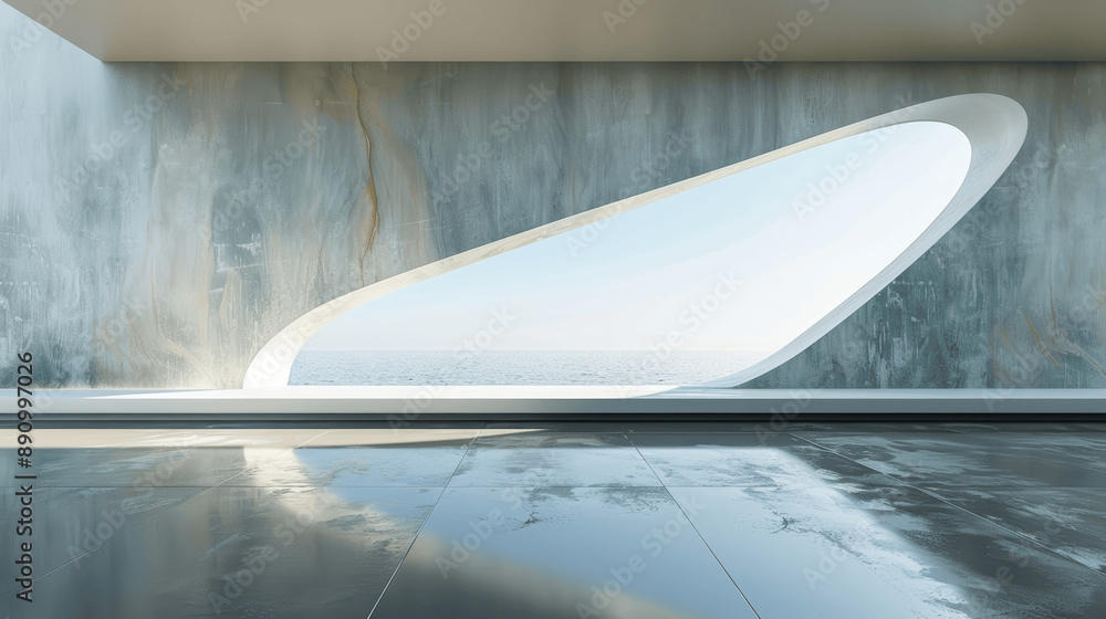 Poster 3d rendering of empty concrete room with sunlight through large window for modern interior design