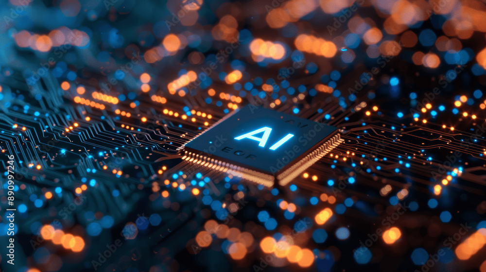 Aufkleber macro close-up of ai text on circuit board with chip in blue lighting
