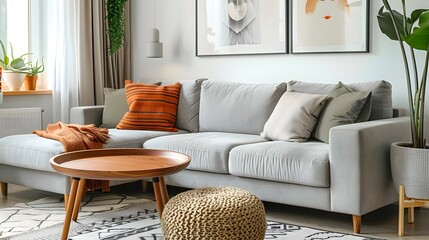 Scandinavian living room with a cozy grey sofa and wooden coffee table, emphasizing a warm and inviting atmosphere with minimal decor.