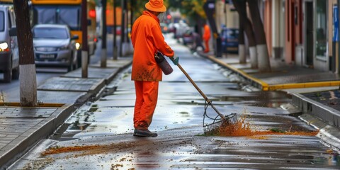 Street cleaner sweeping the sidewalks 