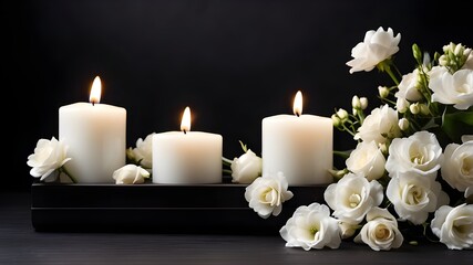 Black panoramic background with white candles and flowers, funeral service, memorial, and obituary card in the copy space