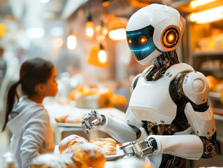 Imagem de robô cozinhando em um restaurante. A imagem é uma metáfora da substituição da mão de obra humana pela IA