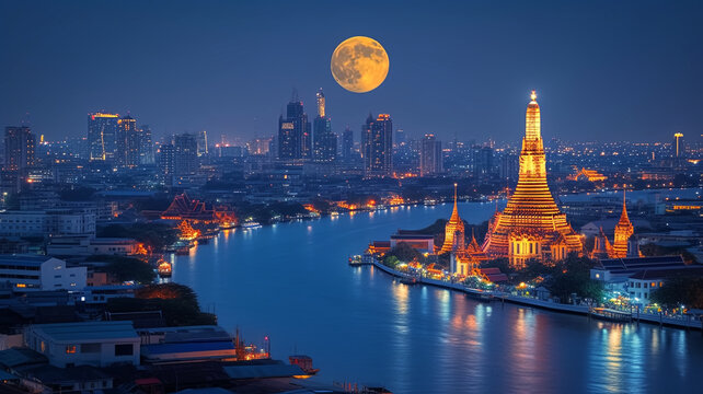Bangkok's nighttime cityscape: ornate Buddhist temple, wide river reflecting colorful lights, full moon in deep blue sky.