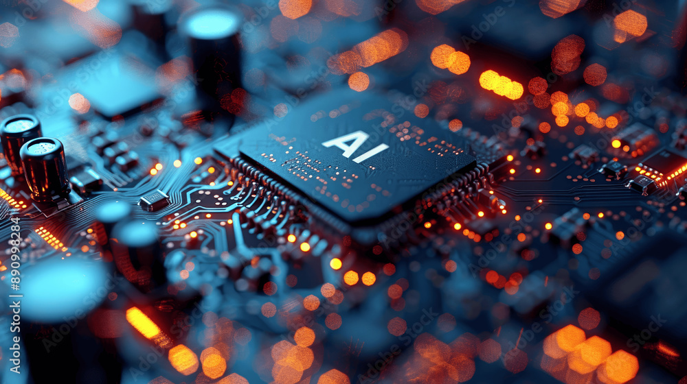 Poster macro photography of ai text on circuit board with chip and microfont design in blue lighting