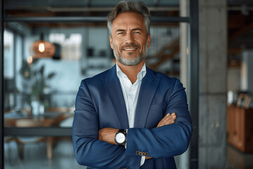 Fototapeta premium Confident Middle-Aged Hispanic Businessman in Blue Suit Smiling in Office