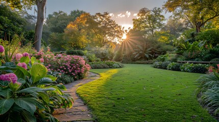 Fototapeta premium Vibrant botanical garden, lush colorful foliage, bright pink hydrangeas, ornamental grasses, large-leafed tropical plants, dappled sunlight through trees, stone pathway.