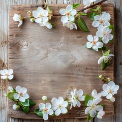 White Cherry Blossoms Arranged on Weathered Wooden Plank
