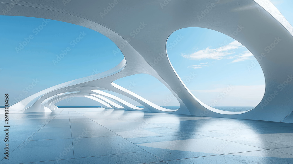Aufkleber 3d render of white futuristic architecture with arches and curves on empty concrete floor and blue s
