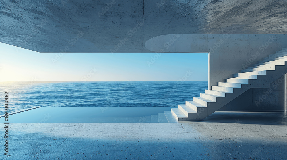 Poster 3d render of modern minimalist architecture with concrete floor and sea view