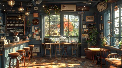 A cozy cafe with warm decoration and a beautifully brewed cup of coffee, creating a welcoming atmosphere 