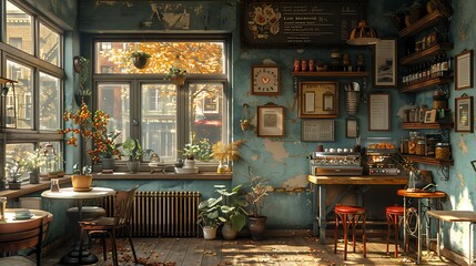 A cozy cafe with warm decoration and a beautifully brewed cup of coffee, creating a welcoming atmosphere 