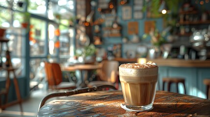 A lively cafe with vibrant lighting and a frothy cappuccino, perfect for socializing 