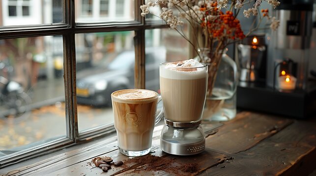 A quiet corner in a cafe with a state-of-the-art coffee machine and a comforting cup of hot chocolate 