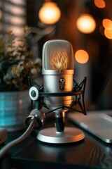 Obraz premium A microphone is on a table next to a laptop. The microphone is silver and has a black cord. Scene is focused and professional