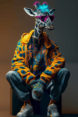Fashionable Giraffe in Colorful Hip Hop Jacket, Blue Hair, Sneakers, Sitting on Cube, Photorealistic High Resolution