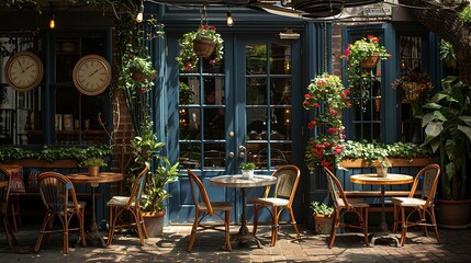 A romantic cafe setting with stylish tables and chairs, serving a delicious sandwich 