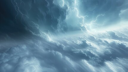 Celestial spirits of wind and storm clashing in a dramatic skyscape of thunderclouds and lightning, with the ground far below shrouded in fog.