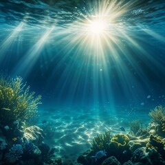 Underwater scene with sunlight beams shining through the clear blue-green water, creating a serene and tranquil atmosphere