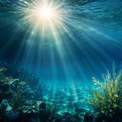Fototapeta premium Underwater scene with sunlight beams shining through the clear blue-green water, creating a serene and tranquil atmosphere