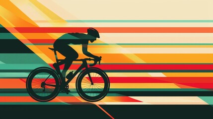 Fototapeta premium A cyclist in motion, surrounded by a geometric heart pattern, sharp lines, and vivid colors