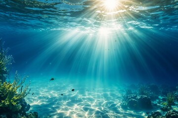 Underwater scene with sunlight beams shining through the clear blue-green water, creating a serene and tranquil atmosphere