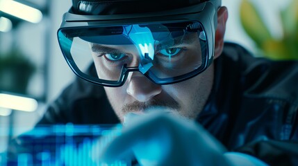 A futuristic detective using augmented reality glasses and forensic tools to uncover the hidden truth in a crime scene, technology blending with intuition
