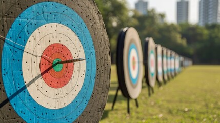 A line of archery targets in a city park, arrows consistently hitting the center