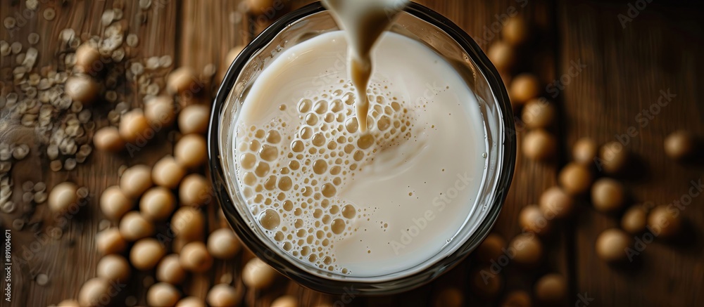 Sticker A glass of milk with a few soybeans on the table