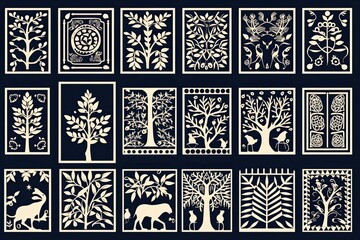 Obraz premium Block Print Woodblock pattern, design, seamless, vintage, illustration, art, decoration, texture, wallpaper, frame, black, set, silhouette, animal, border, ornament, woodcut 
