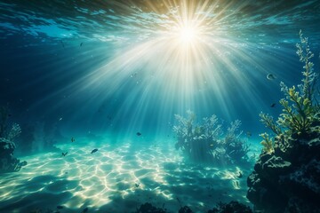 Fototapeta premium Underwater scene with sunlight beams shining through the clear blue-green water, creating a serene and tranquil atmosphere