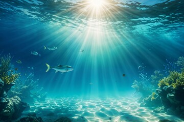 Naklejka premium Underwater scene with sunlight beams shining through the clear blue-green water, creating a serene and tranquil atmosphere