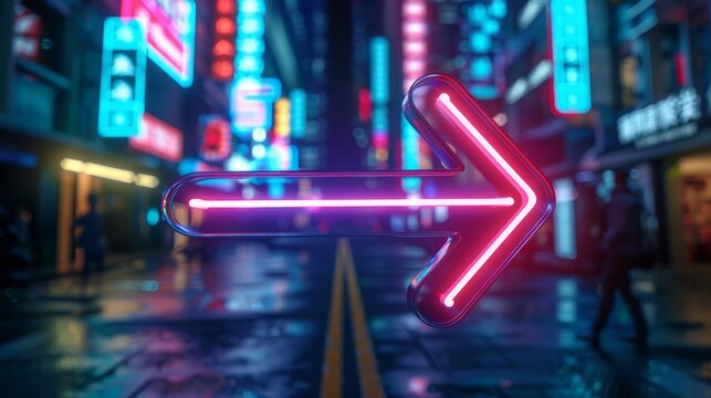 A neon arrow guiding people to an event in a bustling city nightscape, symbolizing correct choices leading to vibrant experiences