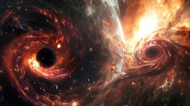 Cosmic colossi of gravity and antimatter, locked in an eternal struggle amidst the swirling chaos of a black hole and a supernova's explosion.