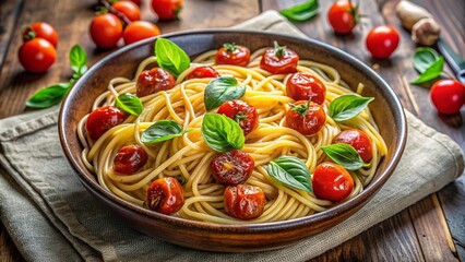 A vibrant image of spaghetti with roasted cherry tomatoes and garlic, drizzled with olive oil and topped with fresh basil, served in a deep bowl with a linen napkin nearby.