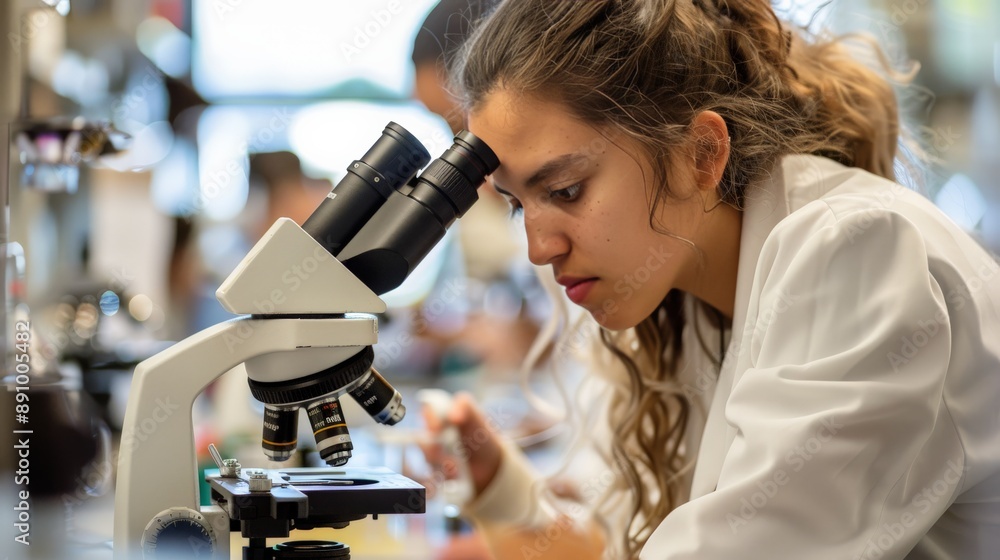 Wall mural student using a microscope in a biology lab class