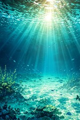 Fototapeta premium Underwater scene with sunlight beams shining through the clear blue-green water, creating a serene and tranquil atmosphere