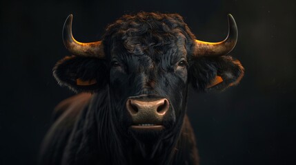 A black bull with yellow horns is looking at the camera.